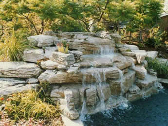 Stone fountain and pond in Longmont